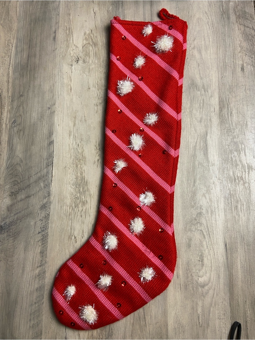 Red Pink Striped Holiday Stocking with Pom Poms‎ and sequins